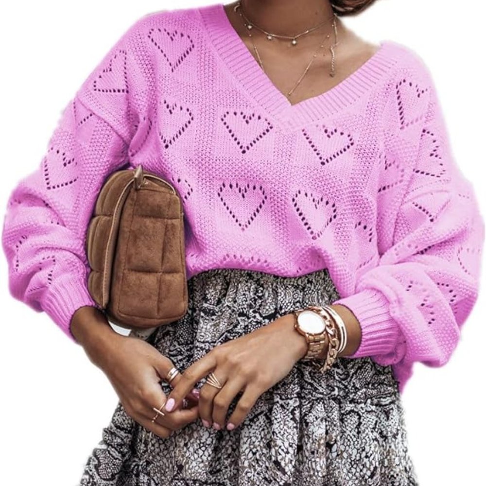 Women V Neck Sweater Crochet Long Sleeve Knit Pullover Heart Shape - Picture 4 of 6